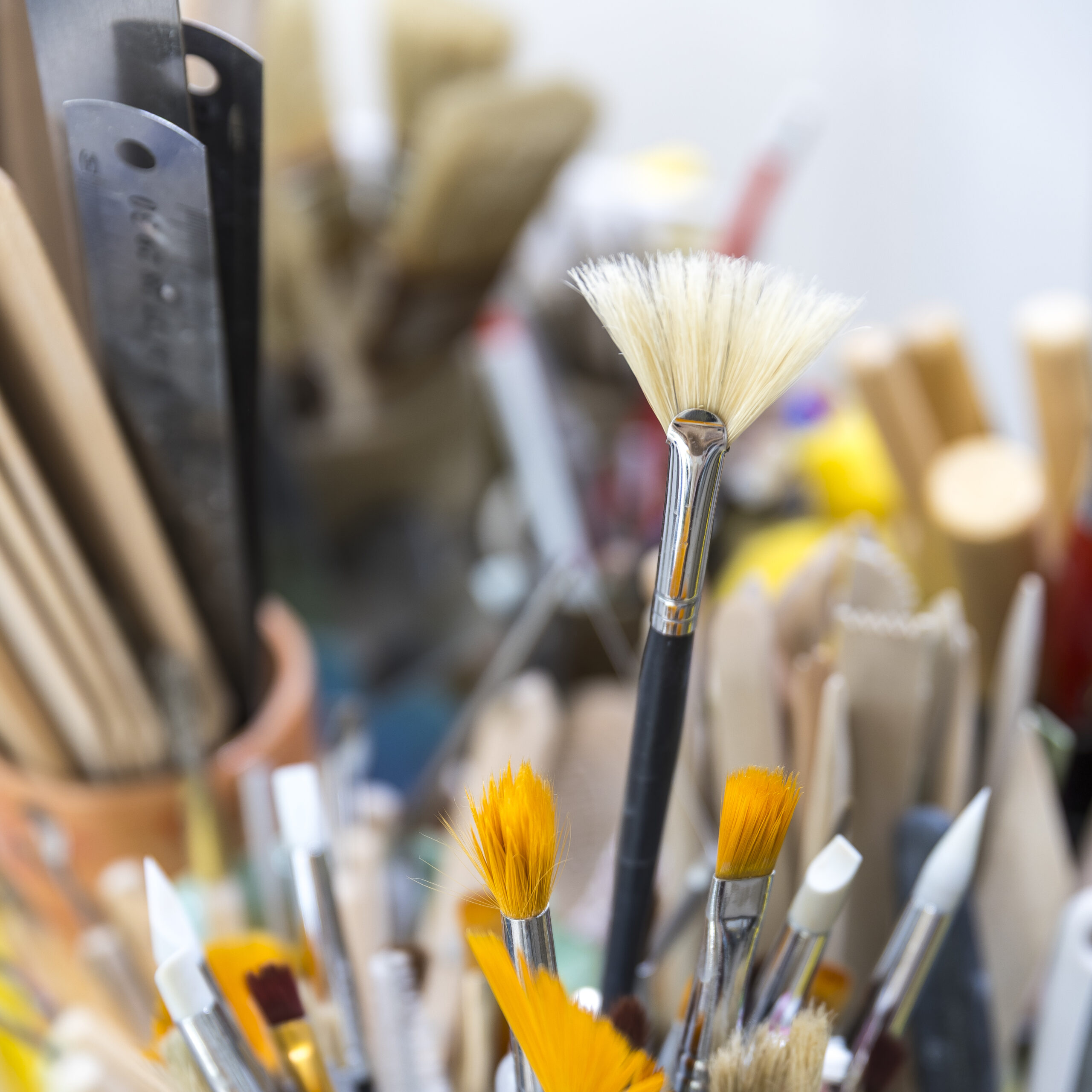 Photograph of the tools, with the paintbrushes in the foreground